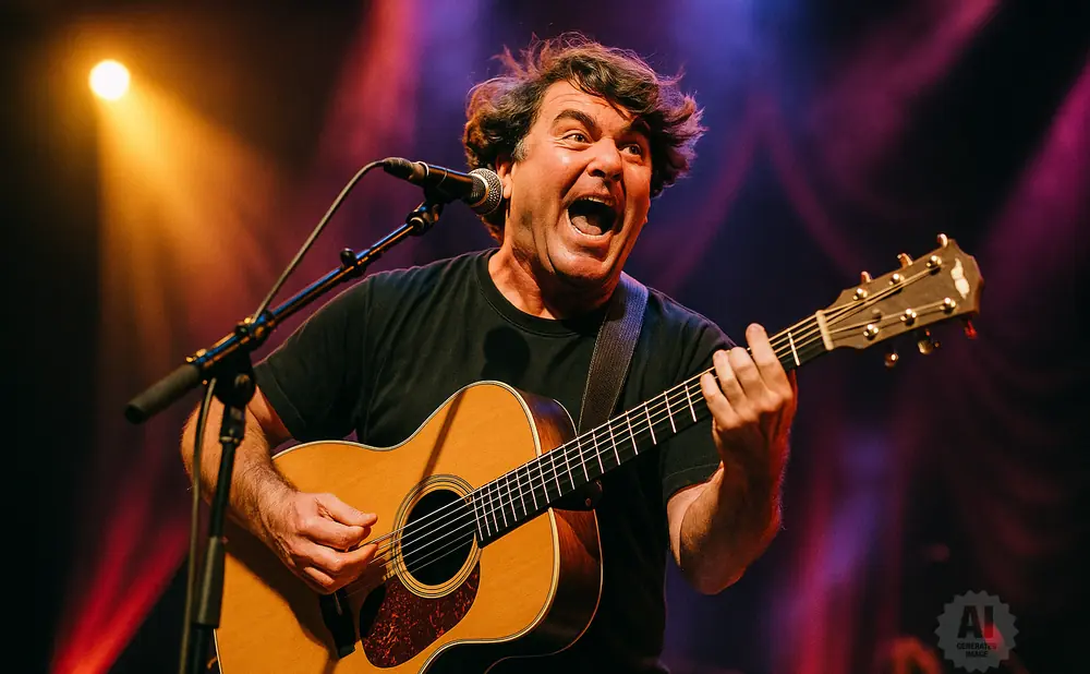A man with messy brown hair joyfully sings and plays an acoustic guitar on stage, lit by a warm spotlight.