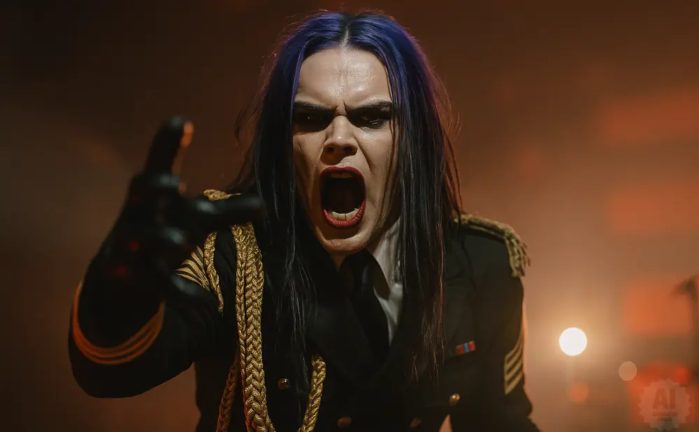 A person with blue hair, in a black military-style jacket with gold trim, screams with their mouth open.