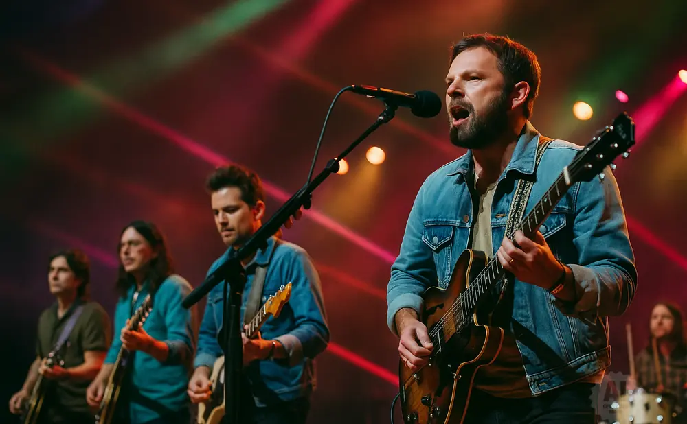 A band performs on stage with dramatic lighting, with a lead singer in the foreground playing a guitar.
