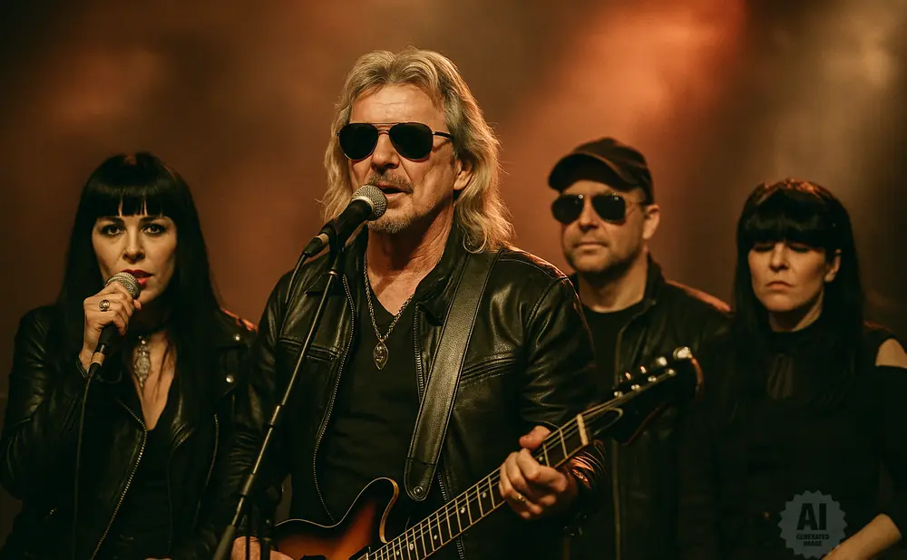 A band performs on stage; the lead singer, a man with long blonde hair and sunglasses, plays guitar and sings.