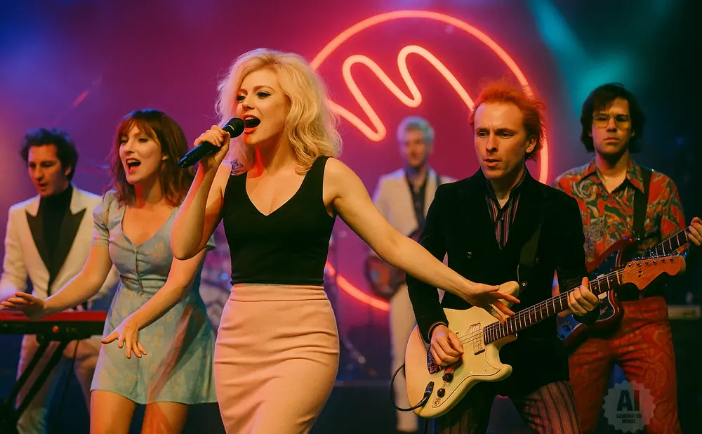 A band performs on stage, with a female singer center, and male guitarists and keyboardist.