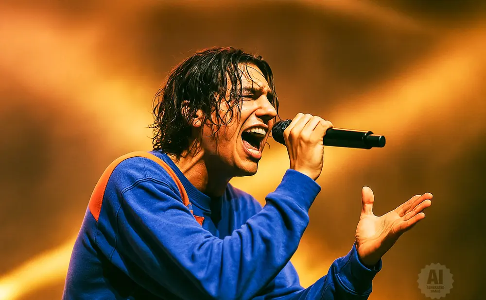 Singer with wet hair and open mouth sings into microphone, wearing a blue sweatshirt.