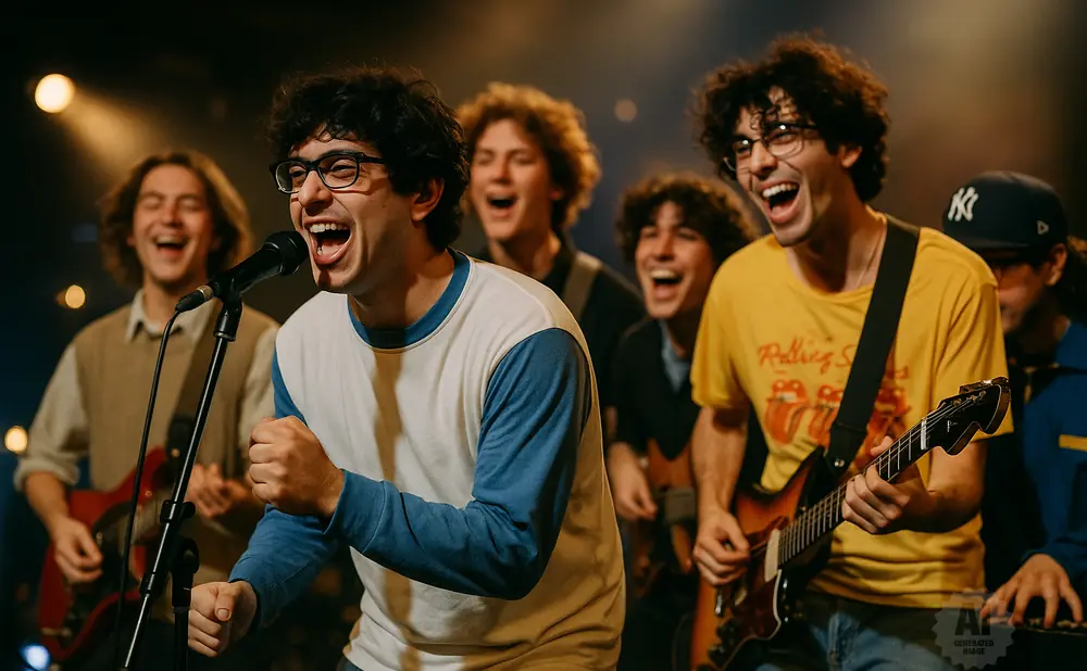 A band sings and plays guitars onstage, with the lead singer in the foreground shouting into a microphone.