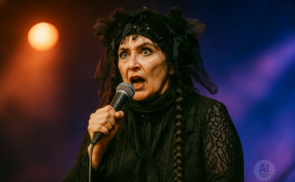 Singer in a black outfit with a black headdress sings into a microphone on a dimly lit stage.