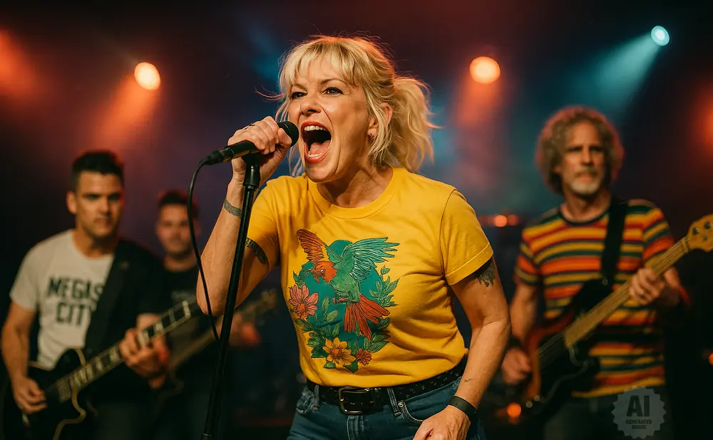Woman singing into a microphone on stage, wearing a yellow t-shirt with a bird graphic.