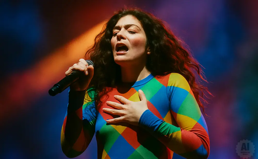 Singer with hand on chest, wearing a colorful, geometric-patterned outfit, holds a microphone.