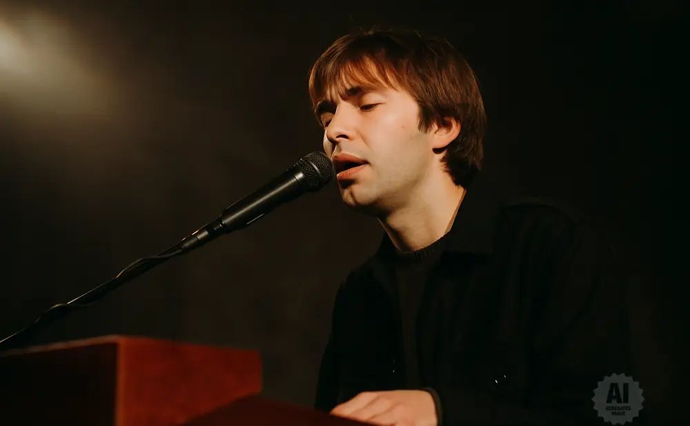 a rear view photo of matt maltese performing a concert on stage to a lively audience