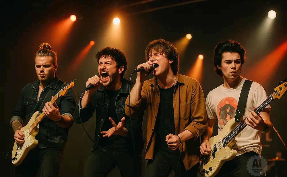 A band performs on stage with dramatic lighting.