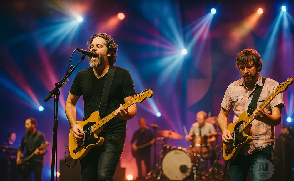 A lead singer and guitarist perform on stage with a band, bathed in blue and red stage lights.