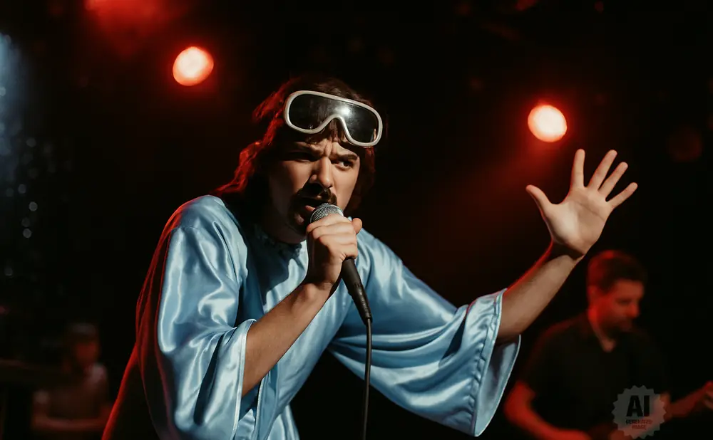 A man in a light blue robe and goggles sings into a microphone on a stage with red lights.