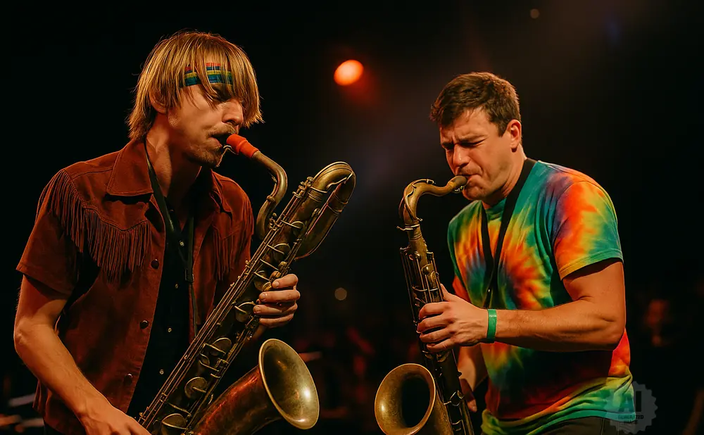 Two men play saxophones, one wearing a brown fringed shirt and a rainbow headband, the other a tie-dye shirt.
