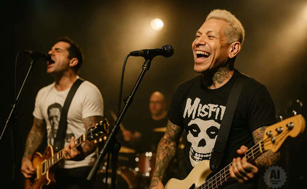 A punk band performs on stage. The lead singer, on the right, has blond hair and is laughing while playing a cream-colored bass.