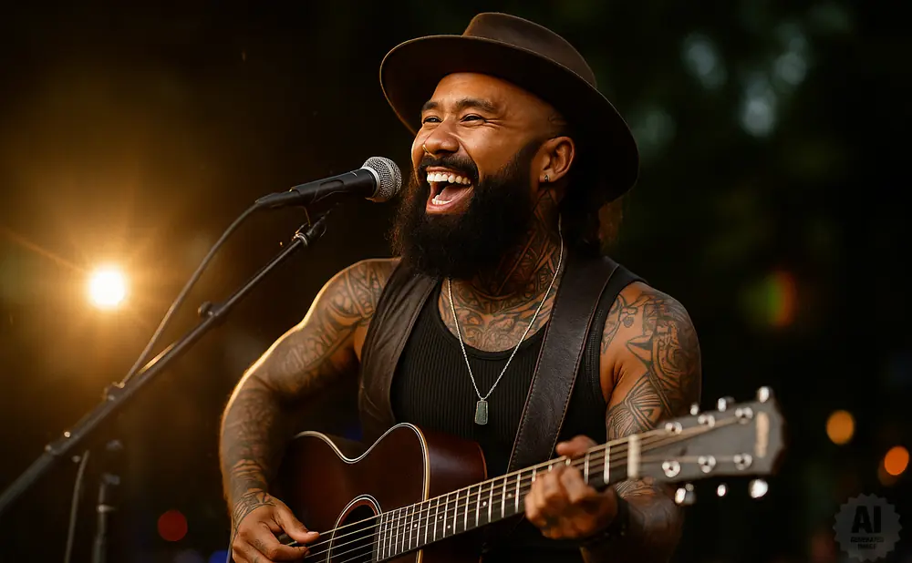 A tattooed man in a hat sings into a microphone while playing an acoustic guitar.