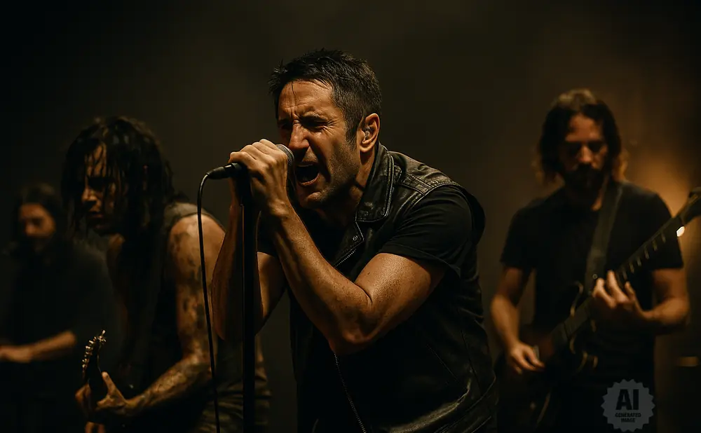 A male rock singer with a black leather vest screams into a microphone as his band performs in the background.