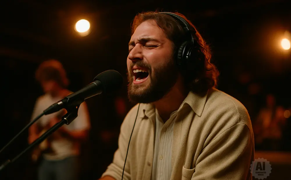 A man with headphones sings into a microphone, eyes closed, in a dimly lit studio.