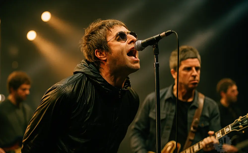 Liam Gallagher singing into a microphone, with Noel Gallagher playing guitar in the background.