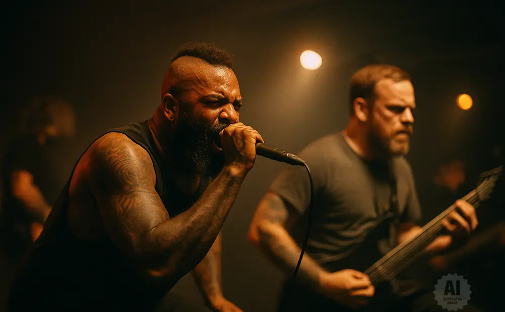 A Black male singer with a mohawk and tattoos sings into a microphone, with a white male guitarist playing in the background.