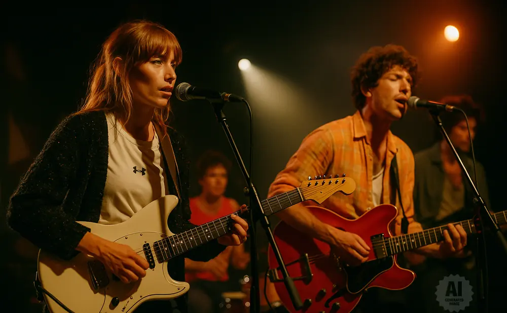 A band performs live, with a female guitarist in the foreground and a male guitarist singing into a microphone behind her.