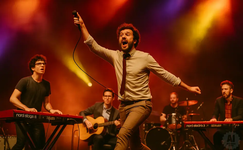 A band performs on stage with colorful lighting. The lead singer is in the foreground with a microphone.