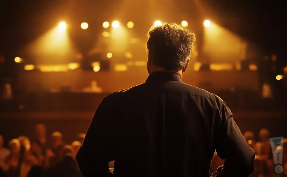 a rear view picture of musician paul brown performing on stage