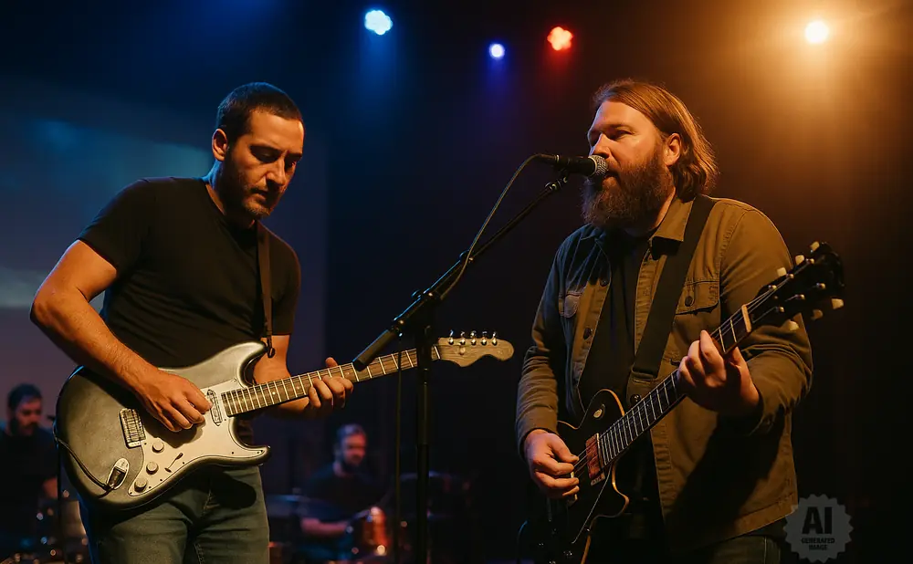 Two men play guitars on stage under colored lights. One sings into a microphone.