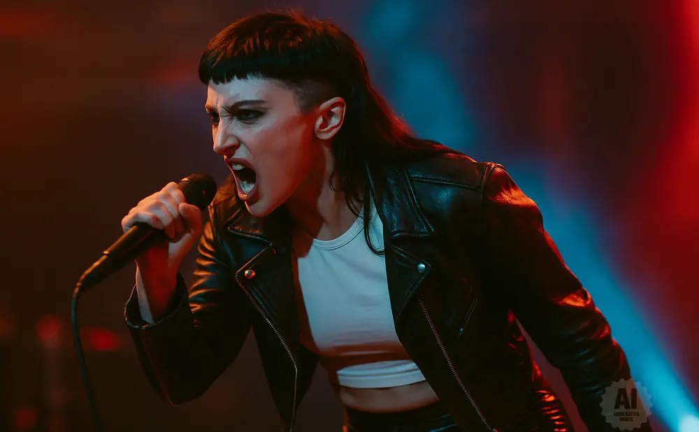 A singer with a black leather jacket and a mullet, passionately singing into a microphone under red and blue lights.