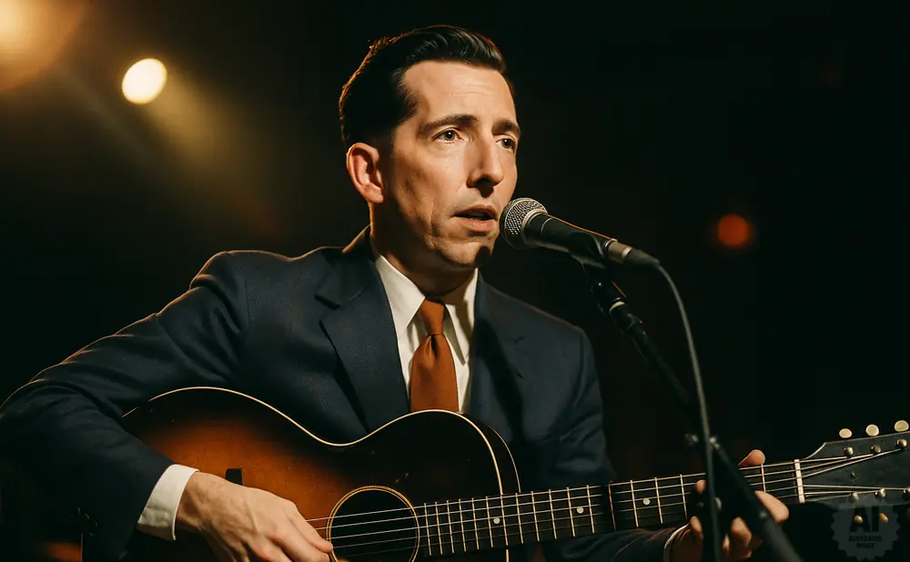 Musician playing an acoustic guitar and singing into a microphone, illuminated by stage lights.