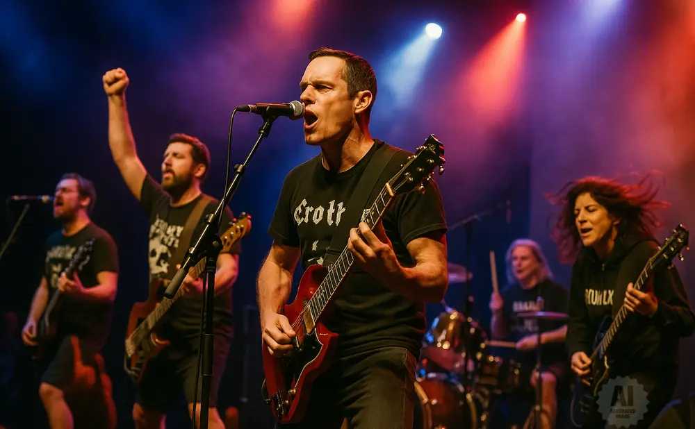 A rock band performs on stage, with a lead singer front and center playing a red guitar and singing into a microphone.