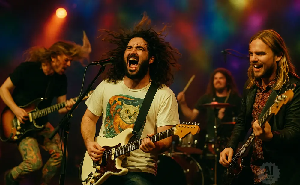 A rock band performs on stage, with a singer screaming into a microphone and two guitarists playing.