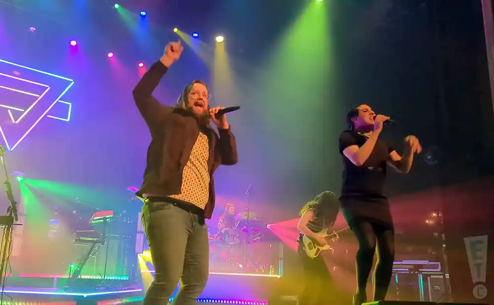 rainbow kitten surprise performing on stage both vocalists in shot