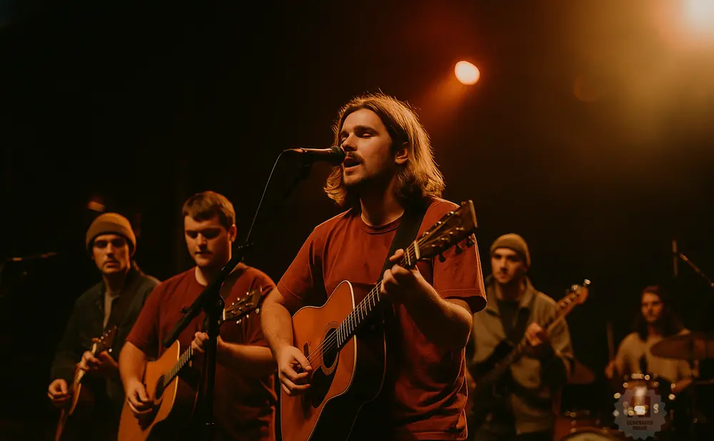 A band performs on stage with a lead singer playing guitar and singing into a microphone, backed by other musicians.