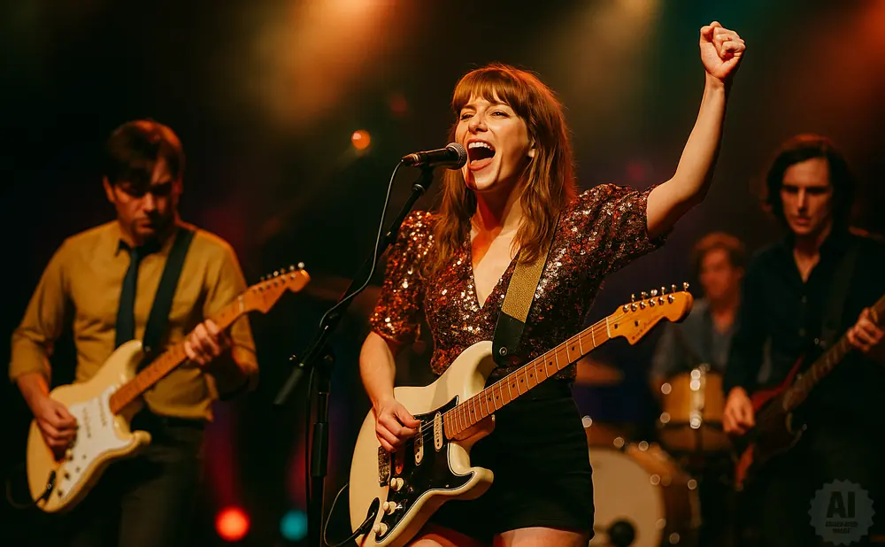 Woman singing and playing guitar on stage, with bandmates in the background.