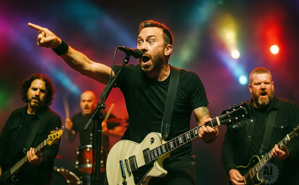 A band performs on stage with colorful lights, featuring a lead singer playing a white guitar and pointing.
