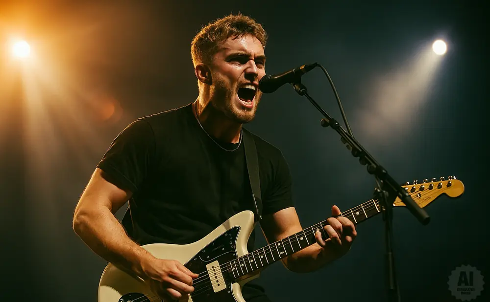 Male guitarist singing into a microphone while playing a white electric guitar on stage under spotlight.