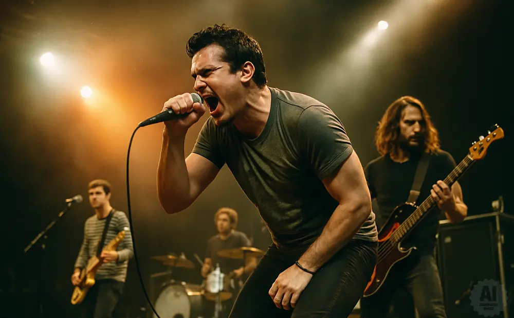 A male singer belts into a microphone on stage with a band behind him, bathed in warm stage lights.
