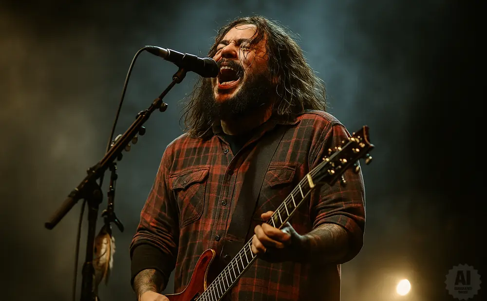 A male musician with long hair and a beard sings into a microphone while playing a red electric guitar on a dimly lit stage.