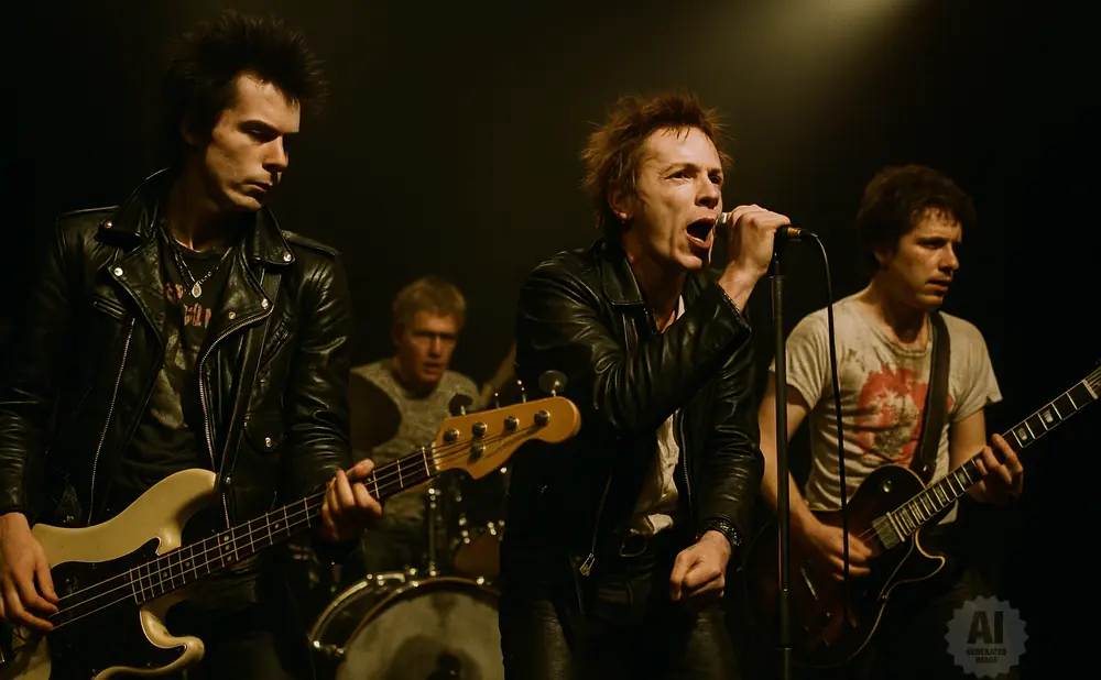 Punk band performs on stage. The singer is front and center with the bass player to his left, guitarist to his right, and drummer behind.