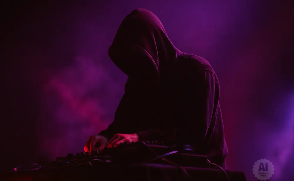 Person in a dark hoodie, silhouetted against purple light, operating DJ equipment.