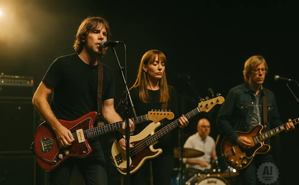 A band performs on stage with a male guitarist in front, a female bassist in the middle, and a male guitarist on the right.