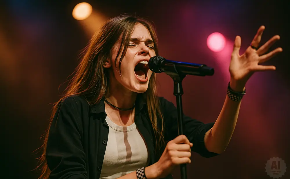 A female singer with her mouth open, passionately singing into a microphone on stage.
