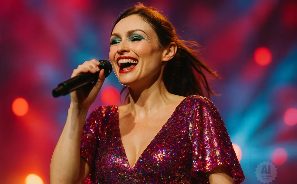 A woman in a sparkly pink dress sings into a microphone on a colorful stage.