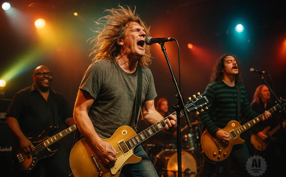 A rock band performs live with a singer playing guitar and a bassist on stage.