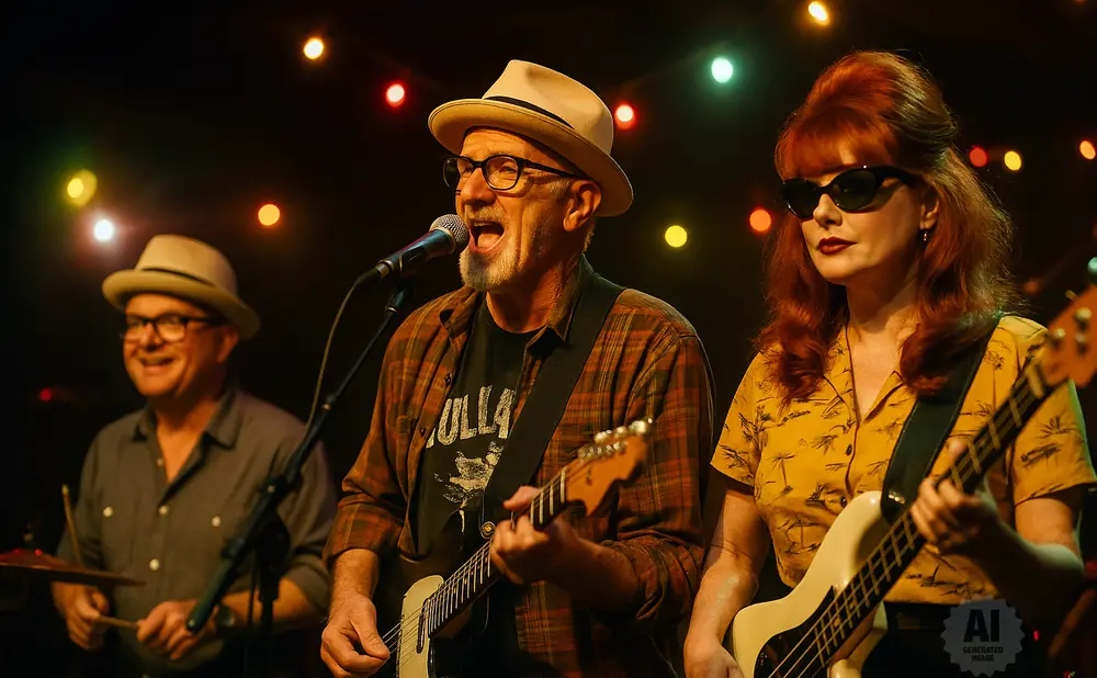 A band plays music on stage with colored lights in the background.