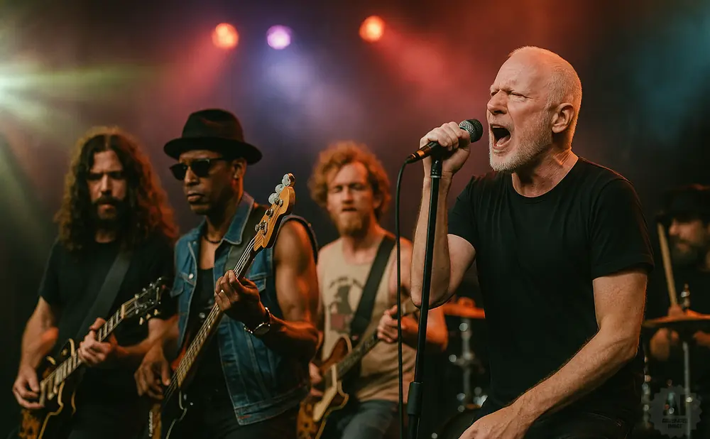 A rock band performs on stage, with the lead singer front and center, singing into a microphone.