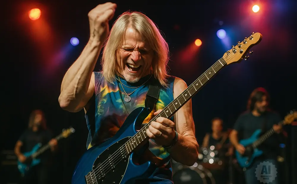 Guitarist with long blonde hair, wearing a tie-dye shirt, raises his fist in the air while playing a blue electric guitar.