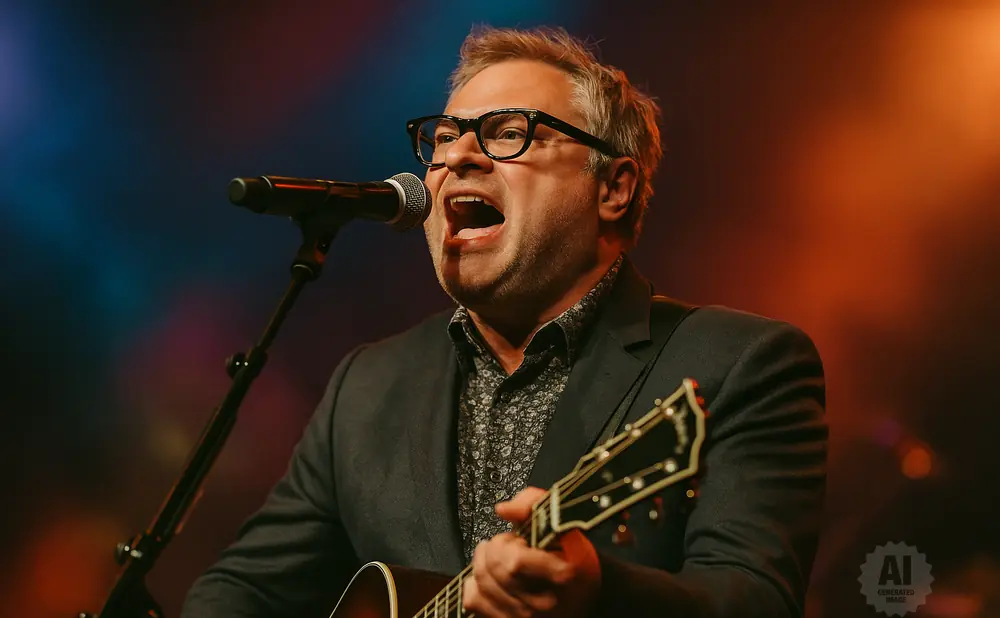 A man in a suit and glasses sings into a microphone while playing an acoustic guitar.