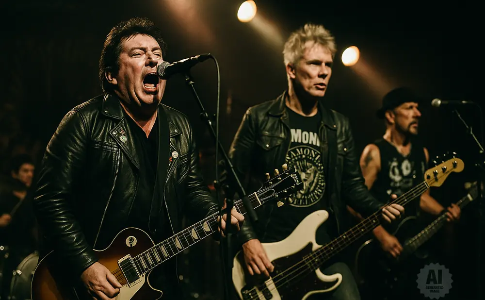 A band performs on stage, with a lead singer in a leather jacket and a bassist in a black hat visible.