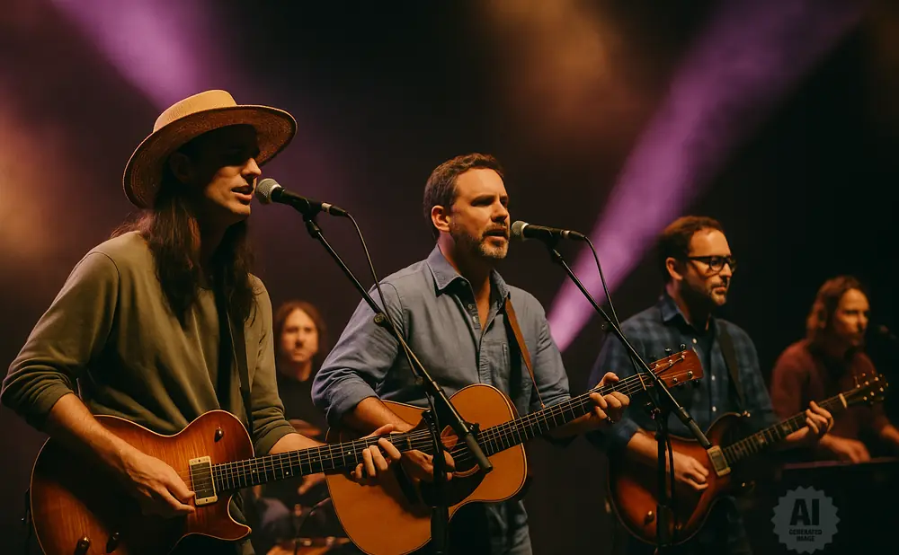A band performs onstage with a lead singer wearing a straw hat and playing an electric guitar.