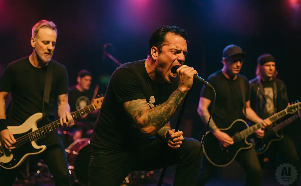 A rock band performs on stage, with the lead singer in the foreground belting into a microphone.