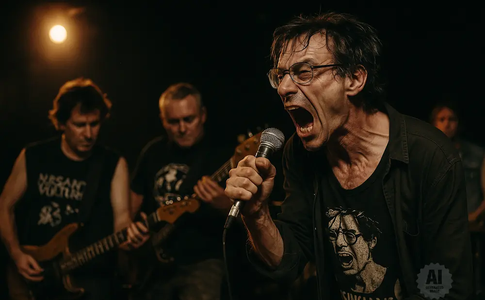a rear view photo of subhumans performing a concert on stage to a lively audience